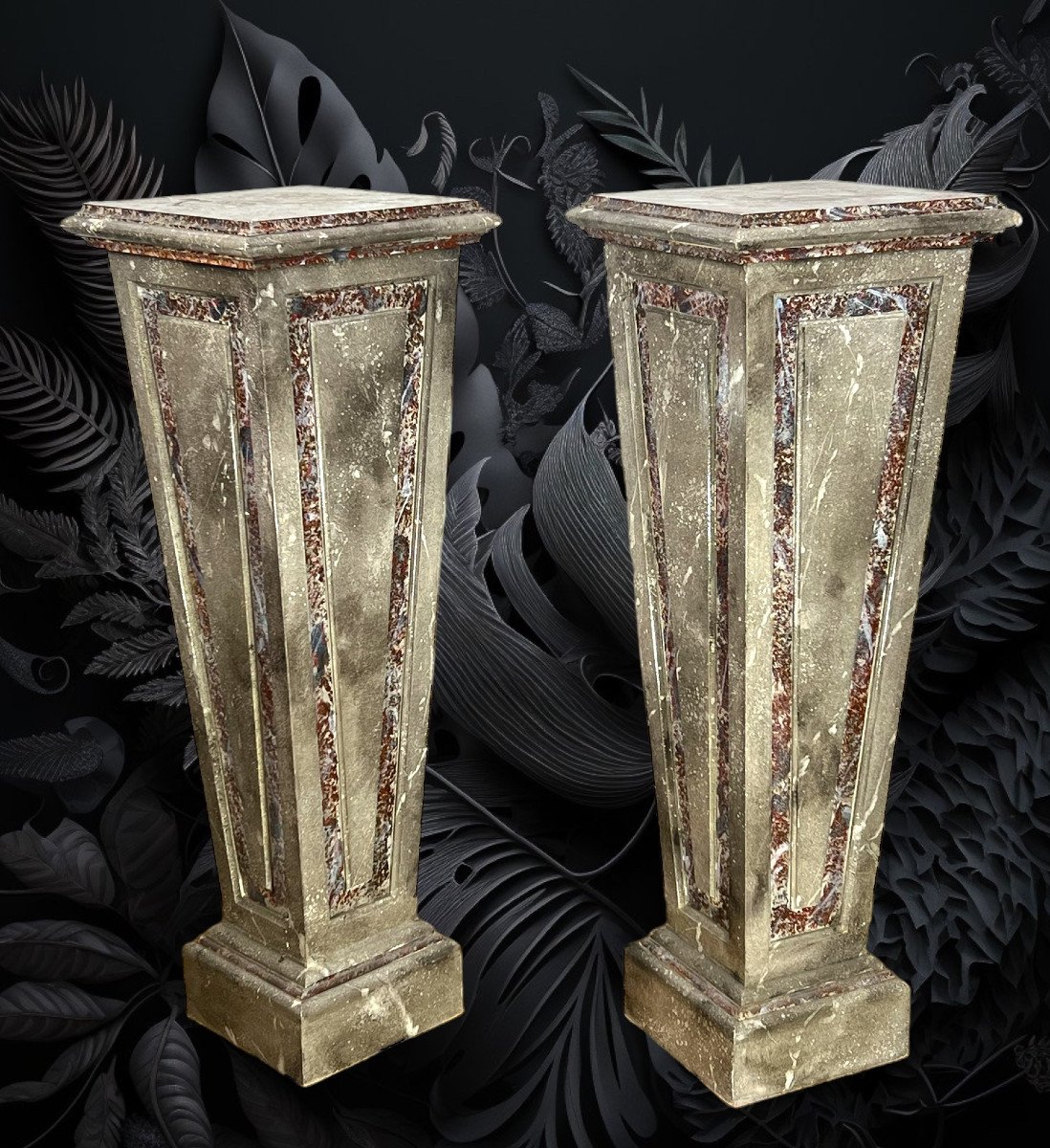 Pair Of Sheaths / Bolsters / In Marble-style Patinated Wood From The 1900s-photo-2