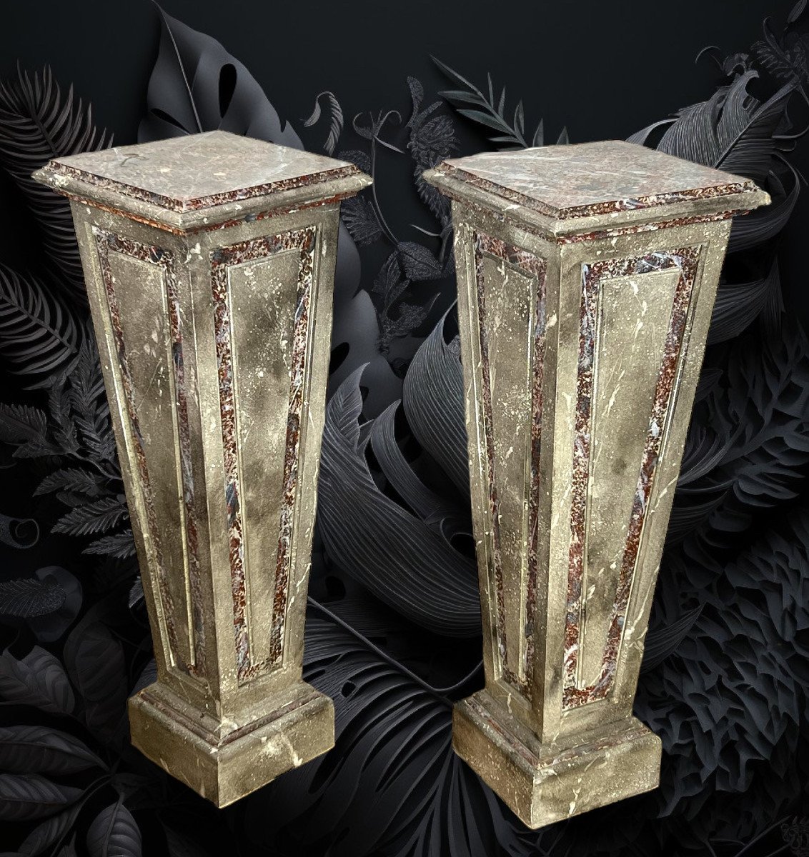 Pair Of Sheaths / Bolsters / In Marble-style Patinated Wood From The 1900s-photo-3