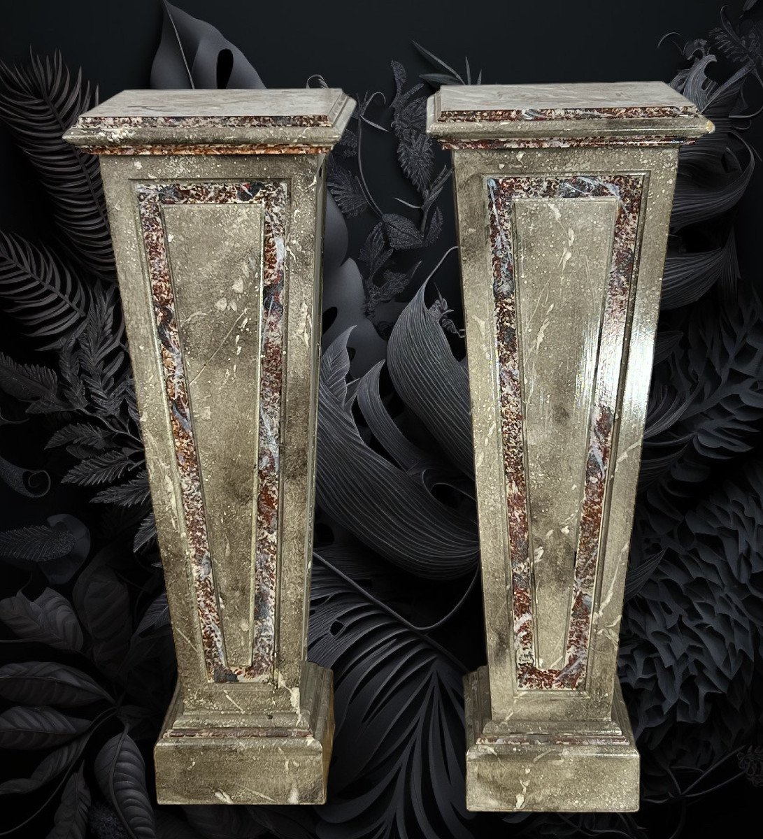 Pair Of Sheaths / Bolsters / In Marble-style Patinated Wood From The 1900s-photo-3