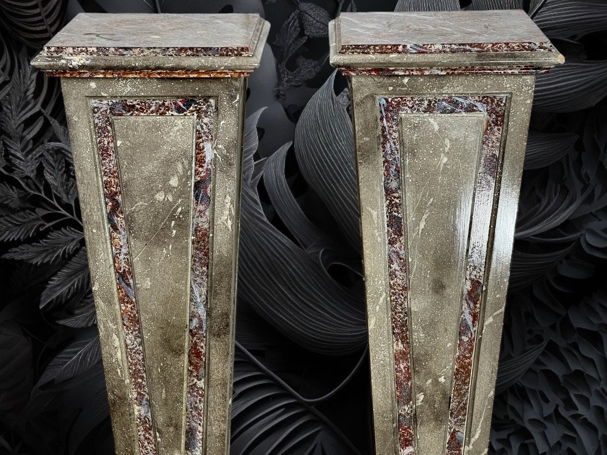 Pair Of Sheaths / Bolsters / In Marble-style Patinated Wood From The 1900s-photo-5