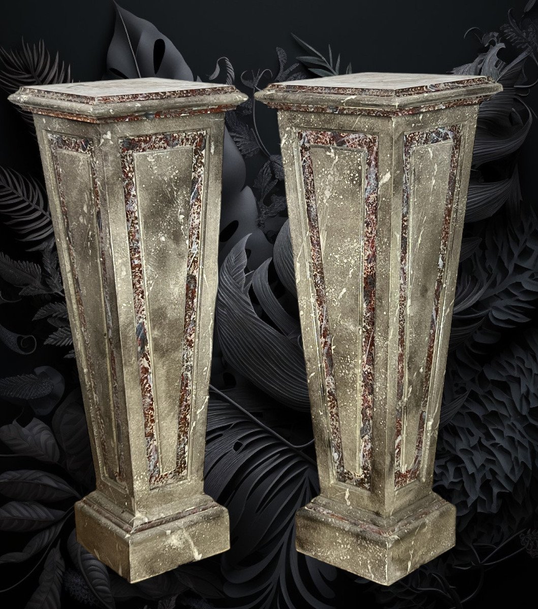 Pair Of Sheaths / Bolsters / In Marble-style Patinated Wood From The 1900s-photo-6