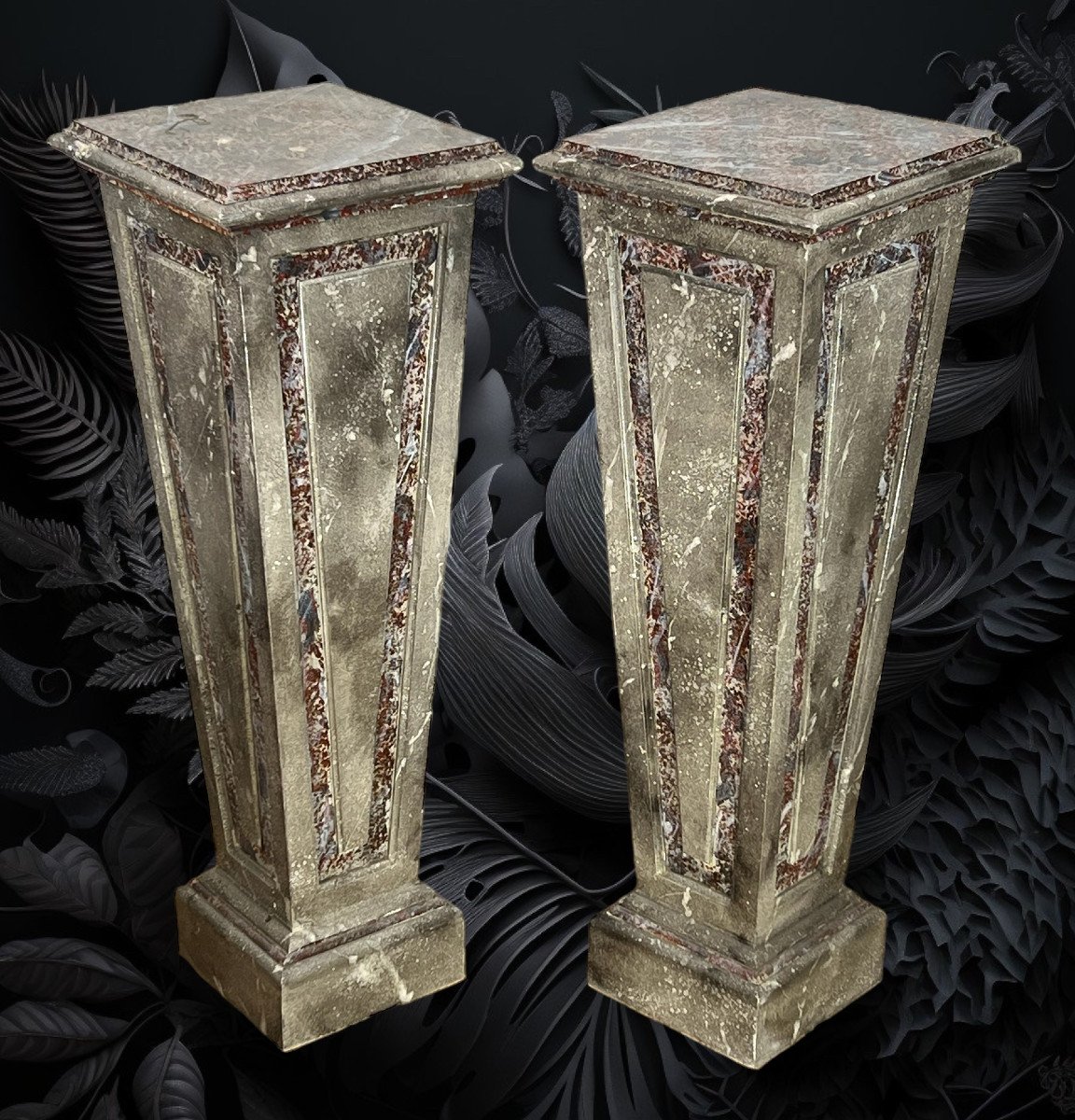 Pair Of Sheaths / Bolsters / In Marble-style Patinated Wood From The 1900s-photo-7