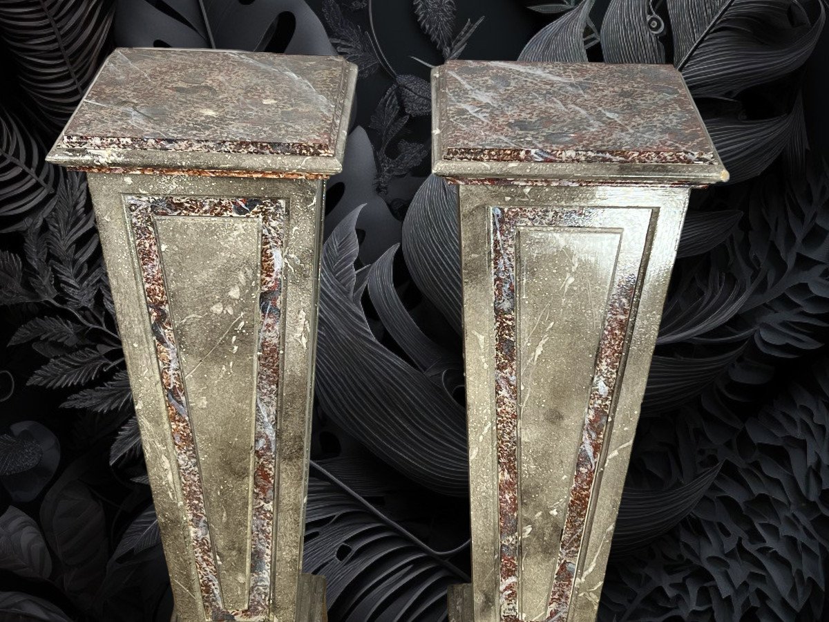 Pair Of Sheaths / Bolsters / In Marble-style Patinated Wood From The 1900s-photo-8