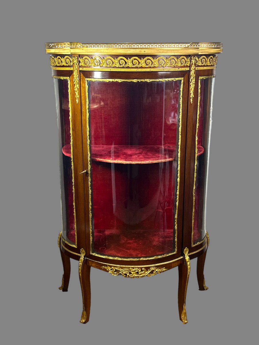 1/2 Moon Showcase With Glass Cage In Marquetry And Bronze Napoleon III Period-photo-1