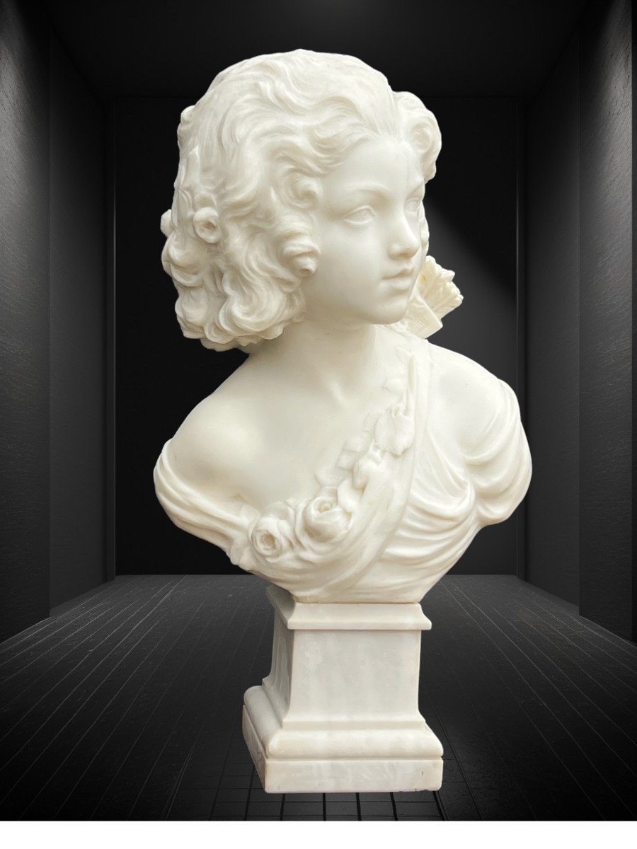 Bust Of Young Girl In Carrara Marble Signed By (fernand Ciam 1889-1954)-photo-3