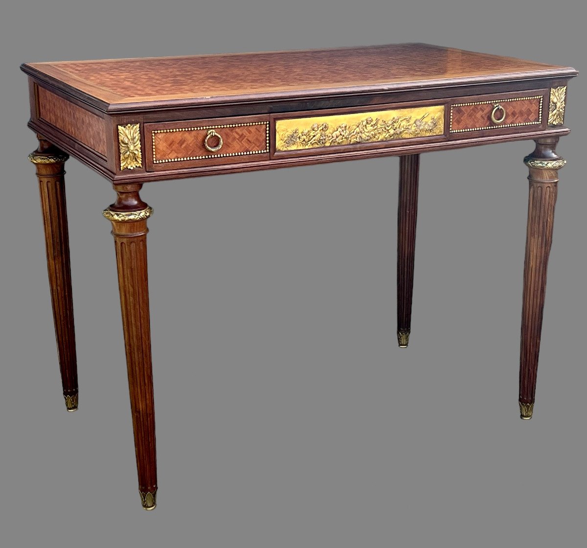 19th Century Louis XVI Style Flat Desk In Cube Marquetry Decorated With Gilt Bronze-photo-2