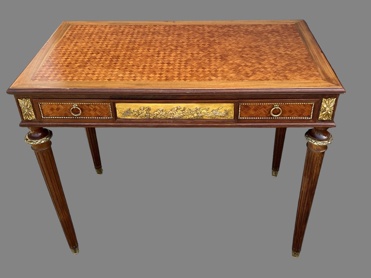 19th Century Louis XVI Style Flat Desk In Cube Marquetry Decorated With Gilt Bronze-photo-3