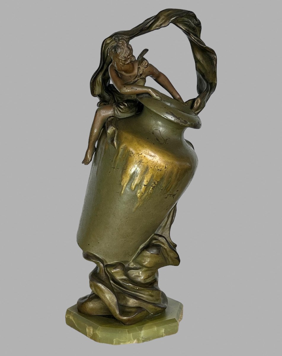 Art Nouveau Vase In Patinated Metal Signed By Anton Nelson (1880 -1910) On Base-photo-2