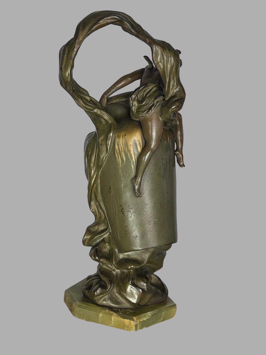 Art Nouveau Vase In Patinated Metal Signed By Anton Nelson (1880 -1910) On Base-photo-2