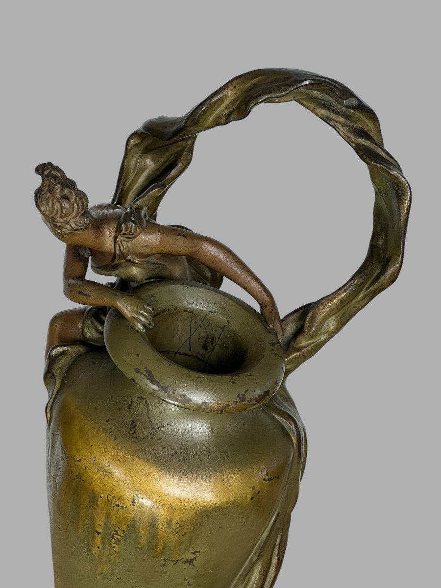 Art Nouveau Vase In Patinated Metal Signed By Anton Nelson (1880 -1910) On Base-photo-4