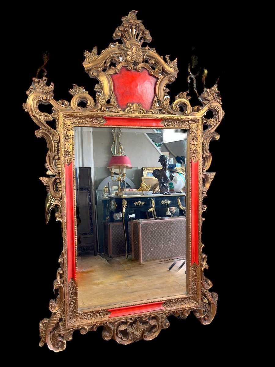 Grand Miroir Ancien En Bois Sculpté Peint Et Doré Style Italien XVIIIe-photo-4