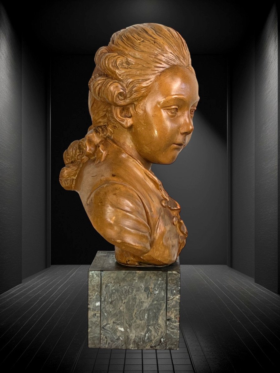 Bust Of A Child After "pajou" Subject In Terracotta On Marble Base-photo-6