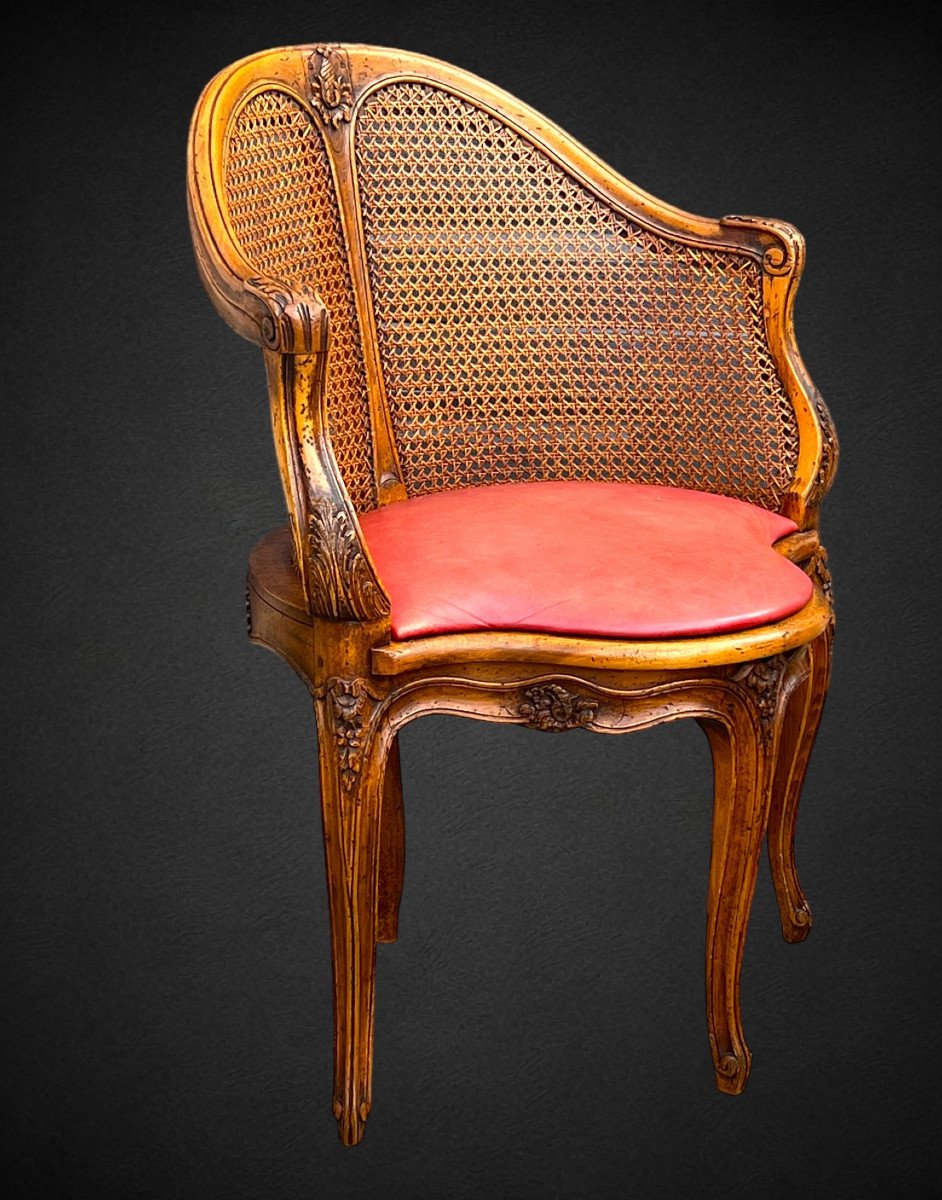 Fauteuil De Bureau Mazarin Du XIXe En Noyer Sculpté Et Canné Et Galette En Cuir-photo-3