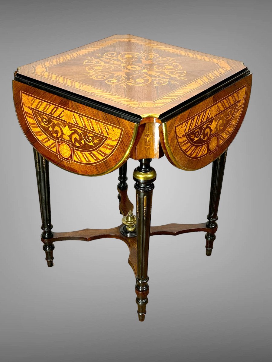 19th Century Square Living Room Table With Flaps In Louis XVI Style Marquetry-photo-6