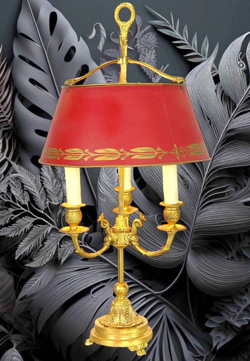 19th Century Bouillotte Lamp With 3 Lights In Gilt Bronze And Sheet Metal Lampshade