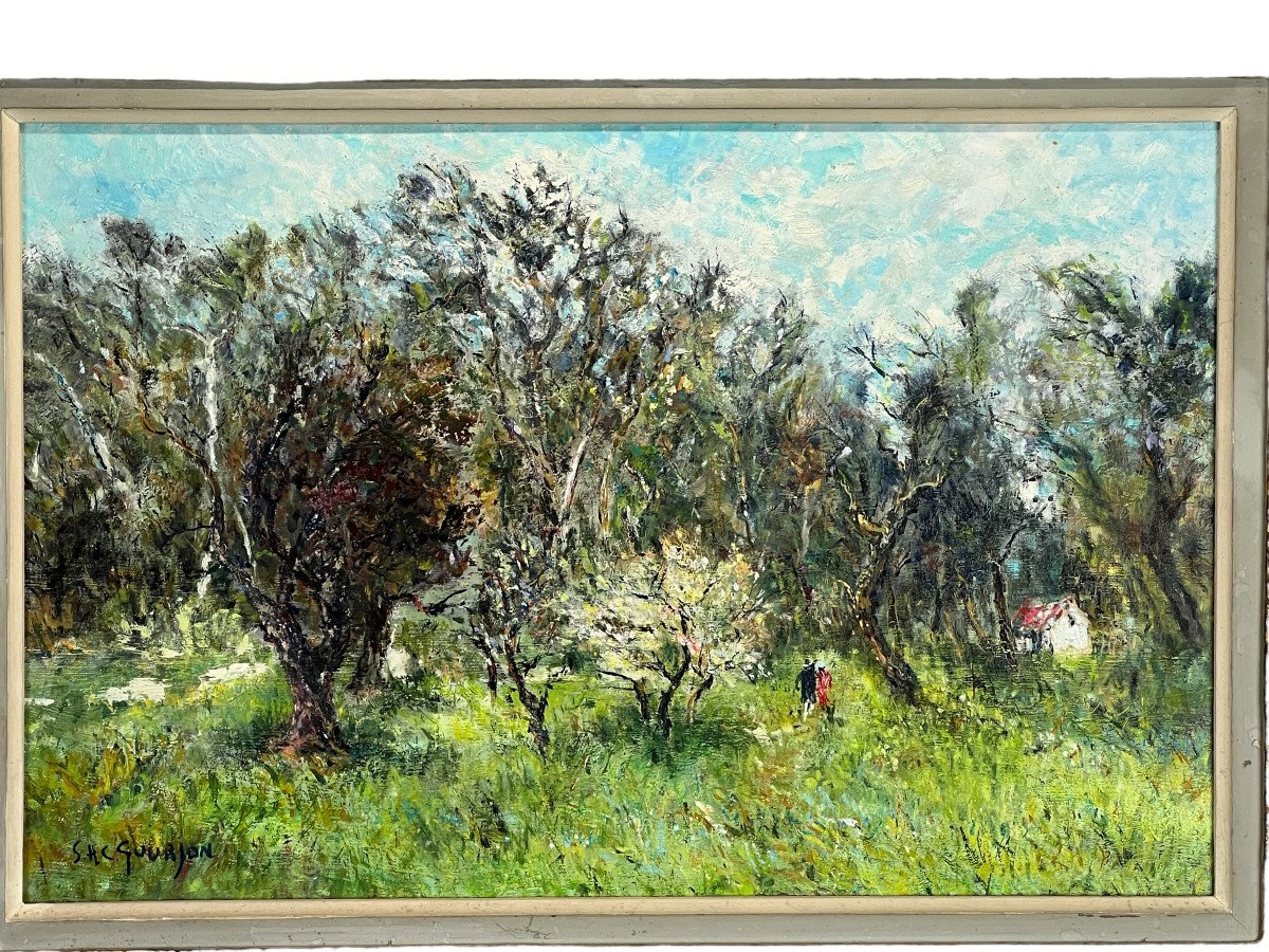 Tableau /huile Sur Carton /" Paysage Animé De Promeneurs Signé Shc Gourjon 1912-photo-4