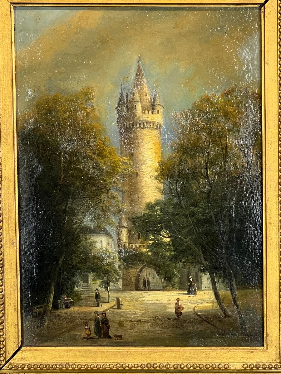 19th Century Painting / Oil On Canvas / Painting "representing La Place Du Donjon"-photo-2