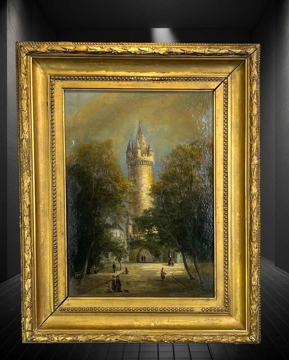 19th Century Painting / Oil On Canvas / Painting "representing La Place Du Donjon"-photo-3