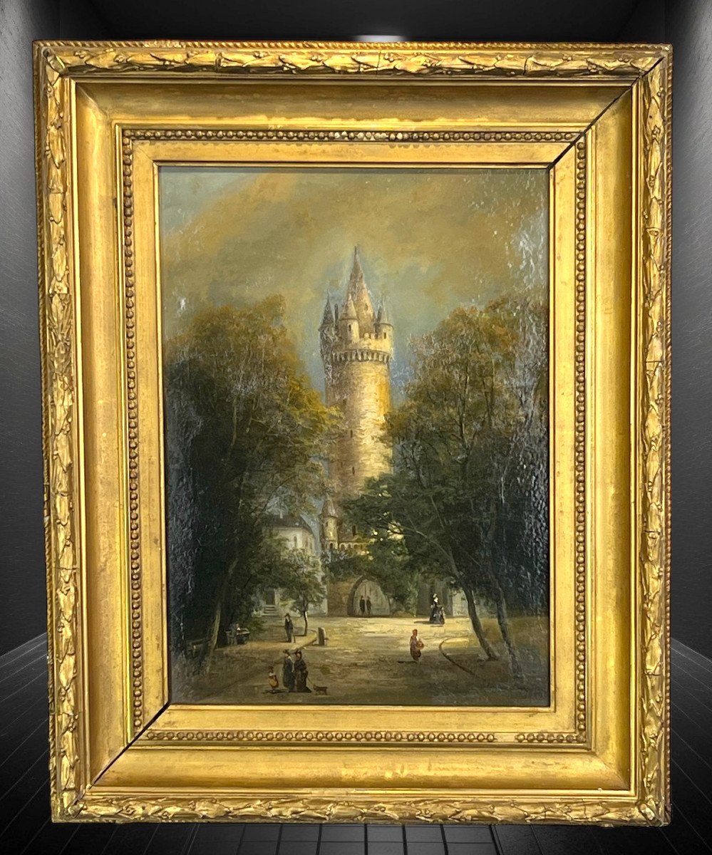 19th Century Painting / Oil On Canvas / Painting "representing La Place Du Donjon"-photo-4