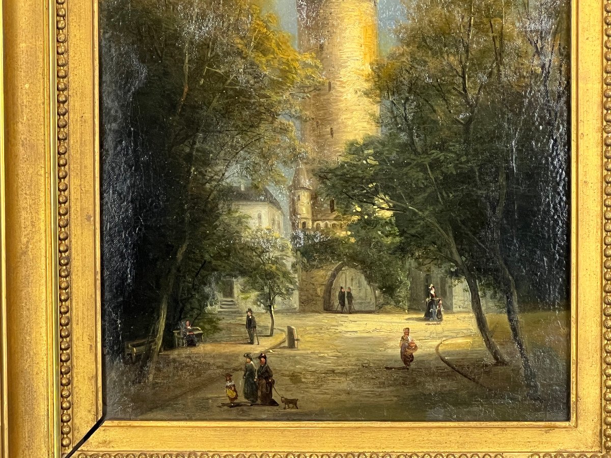 19th Century Painting / Oil On Canvas / Painting "representing La Place Du Donjon"-photo-1