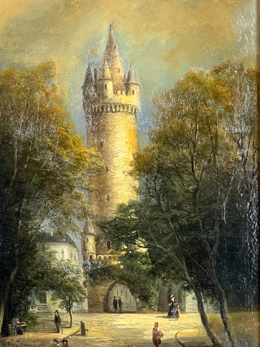 19th Century Painting / Oil On Canvas / Painting "representing La Place Du Donjon"-photo-3