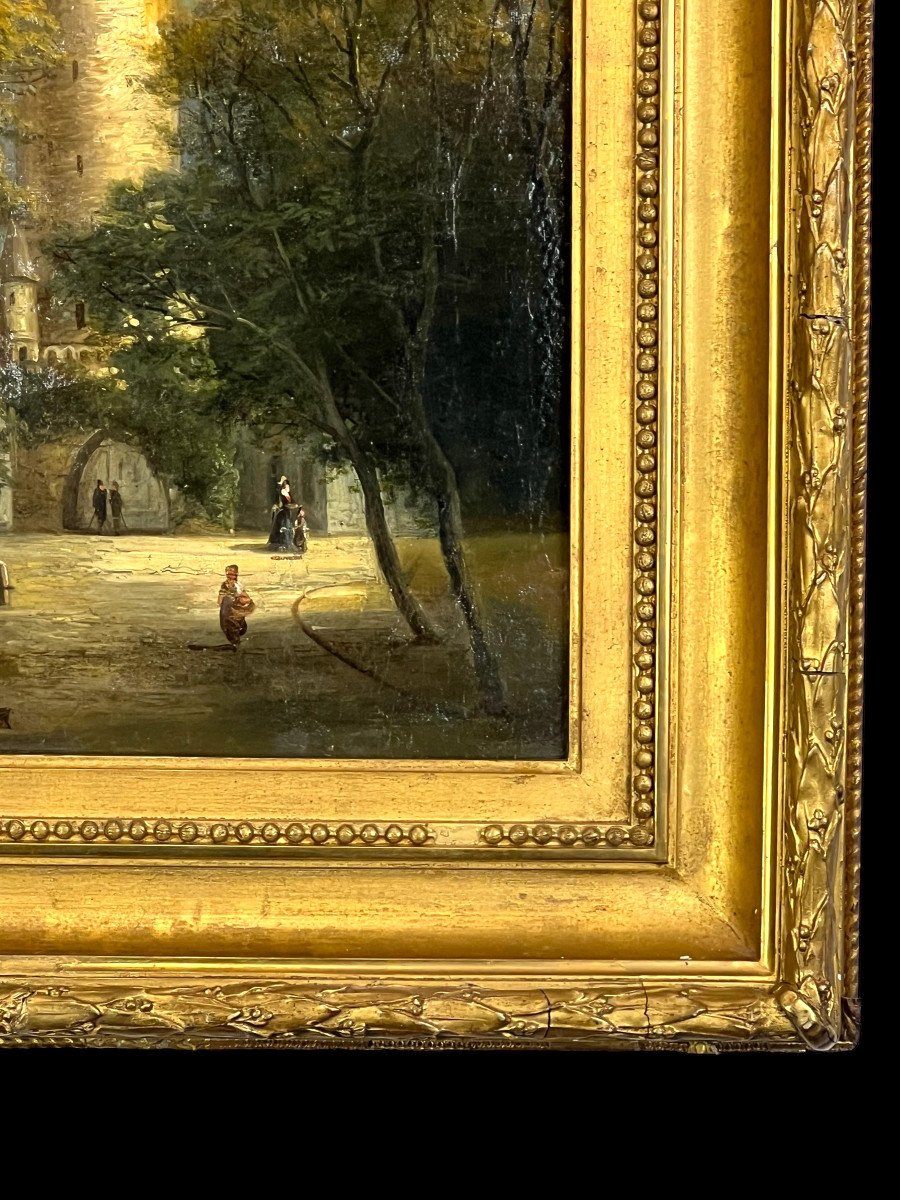 19th Century Painting / Oil On Canvas / Painting "representing La Place Du Donjon"-photo-5