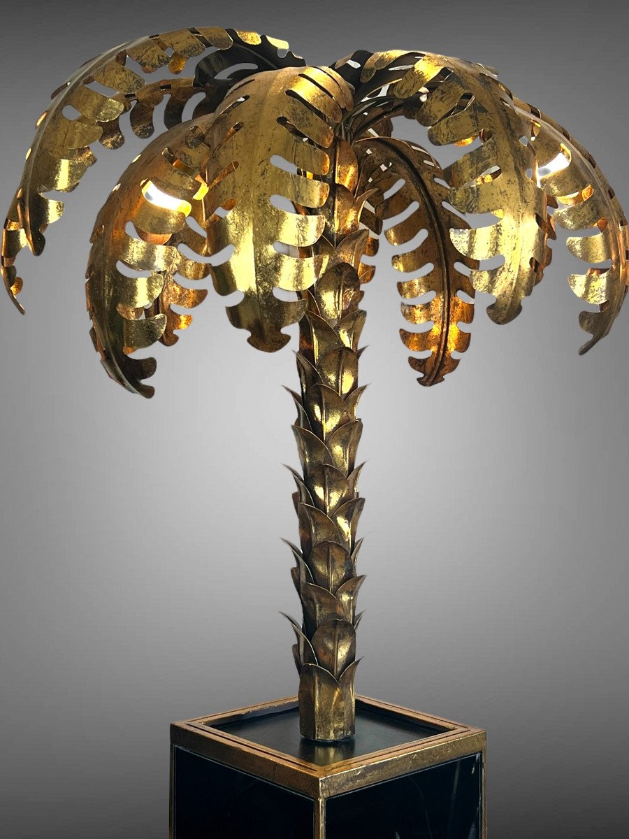 Palm Tree Lamp In Golden Metal With Glass Plate Base 1970s Style-photo-5