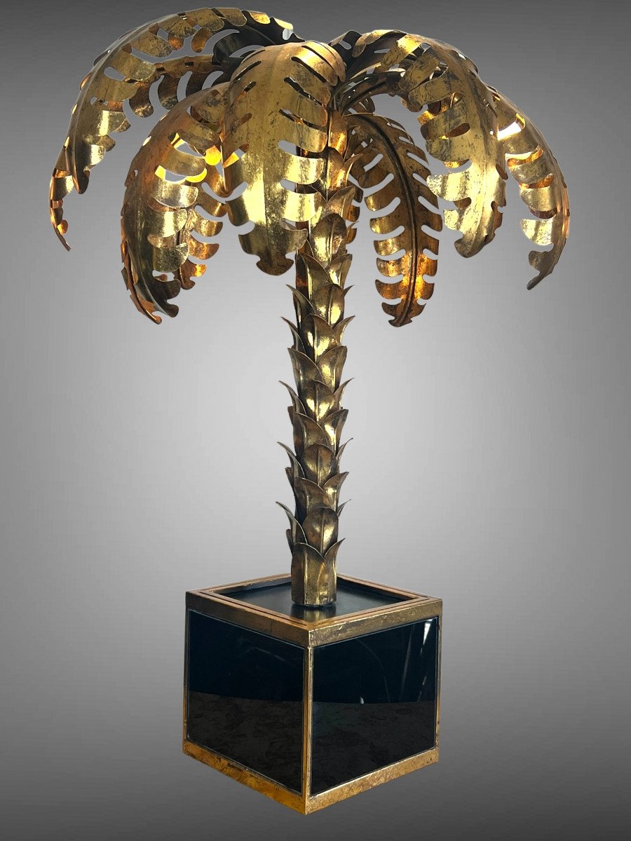 Palm Tree Lamp In Golden Metal With Glass Plate Base 1970s Style-photo-6