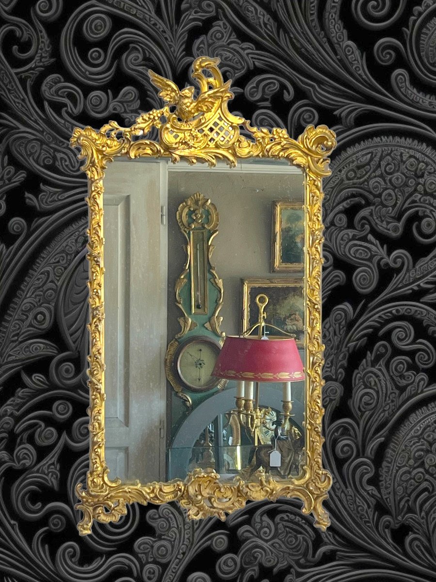 Miroir Du XIXe En Bois Et Stuc Doré De Style Louis XV ( Fronton Avec Un Oiseau )-photo-2