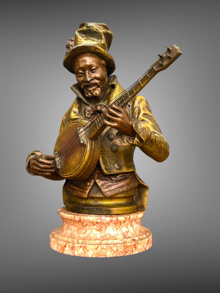 Pietro Calvi 1833 - 1884 "the Menestrel" Man Playing The Banjo In Patinated Regule-photo-6