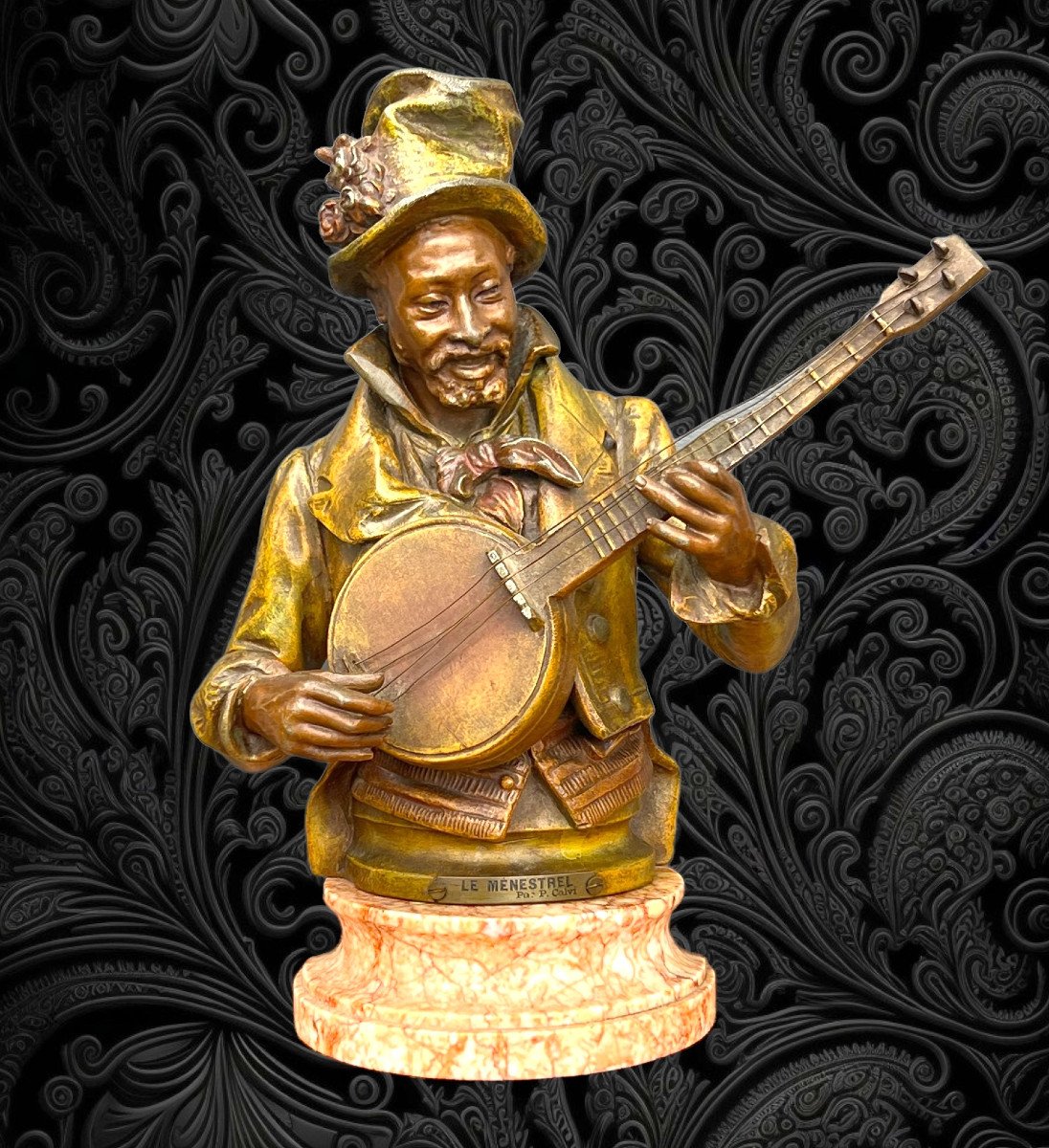 Pietro Calvi 1833 - 1884 "the Menestrel" Man Playing The Banjo In Patinated Regule