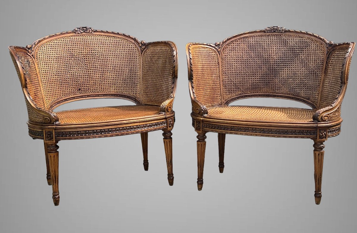 Pair Of Large And Wide Walnut Cane Armchairs From The 19th Century In Louis XVI Style-photo-3