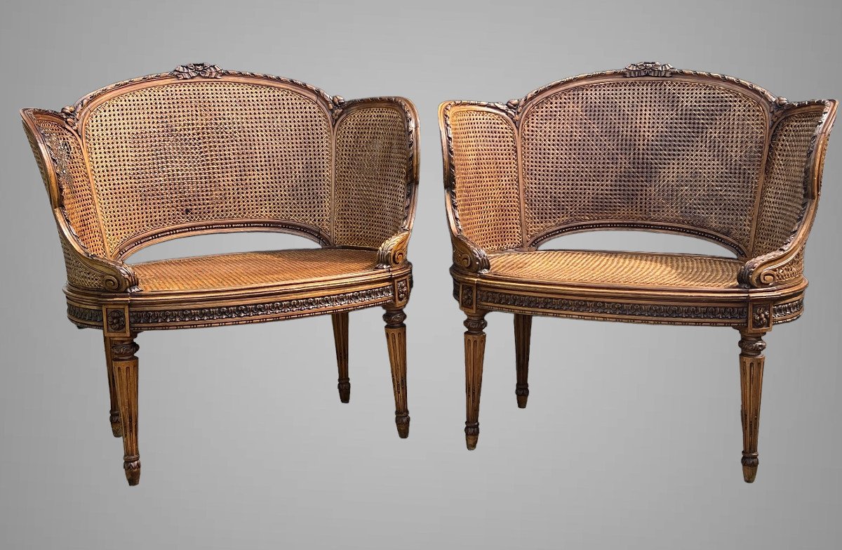 Pair Of Large And Wide Walnut Cane Armchairs From The 19th Century In Louis XVI Style-photo-2