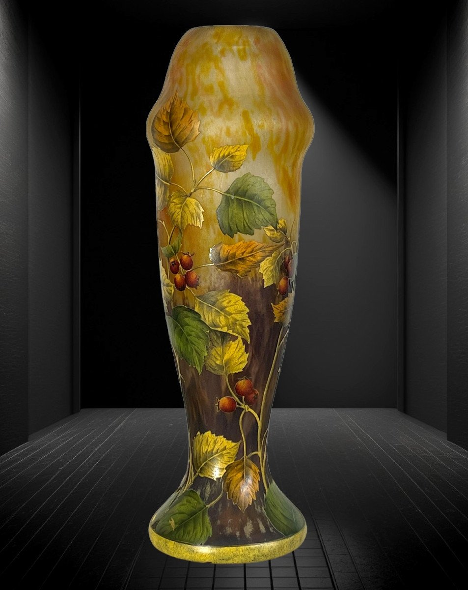 Daum Nancy / Art Nouveau Truncated Vase "eglantier Berries" 49 Cm High-photo-2