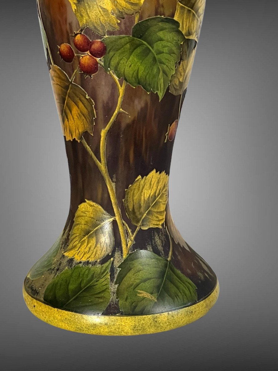 Daum Nancy / Art Nouveau Truncated Vase "eglantier Berries" 49 Cm High-photo-7