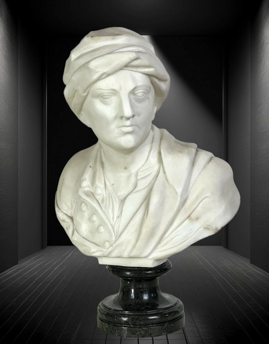 Antique Carved White Marble Bust Mounted On Black Marble Base