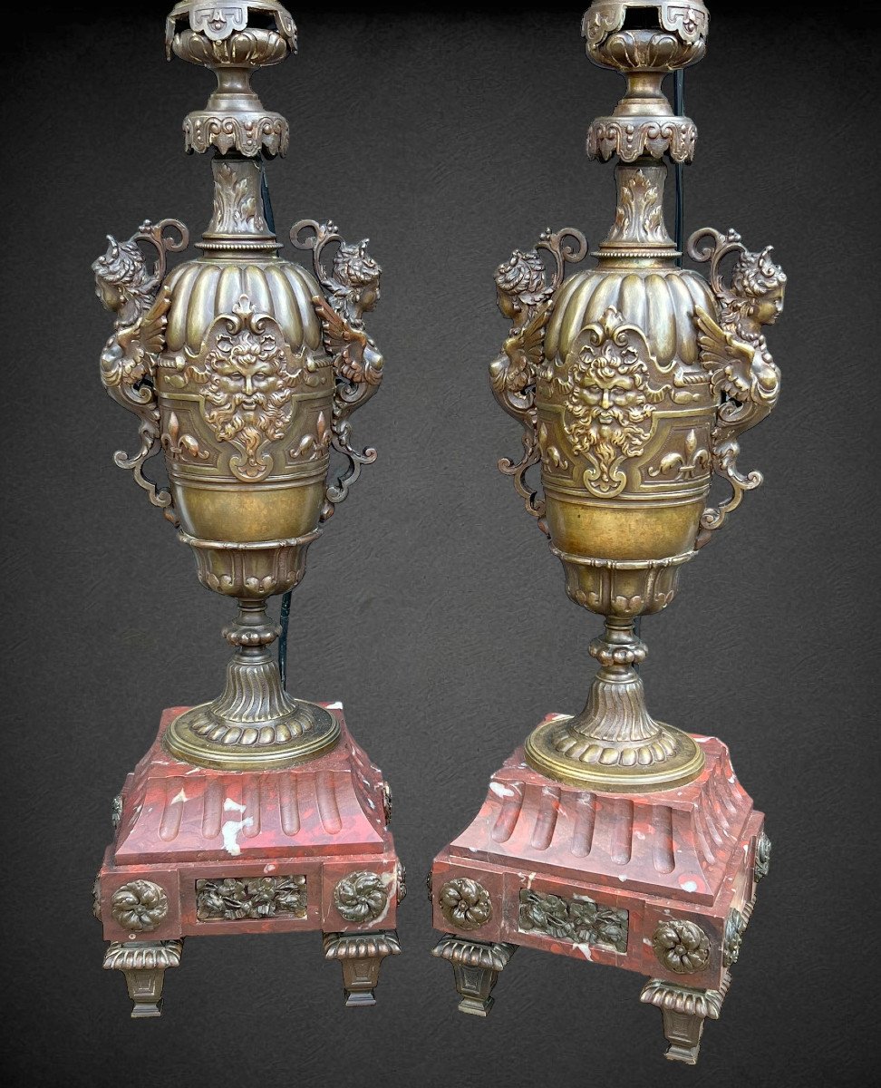 Pair Of Large Barbedienne Quality Patinated Bronze Lamps / Marble Base-photo-2