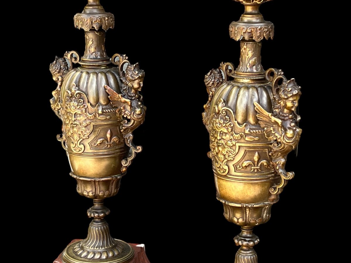 Pair Of Large Barbedienne Quality Patinated Bronze Lamps / Marble Base-photo-3
