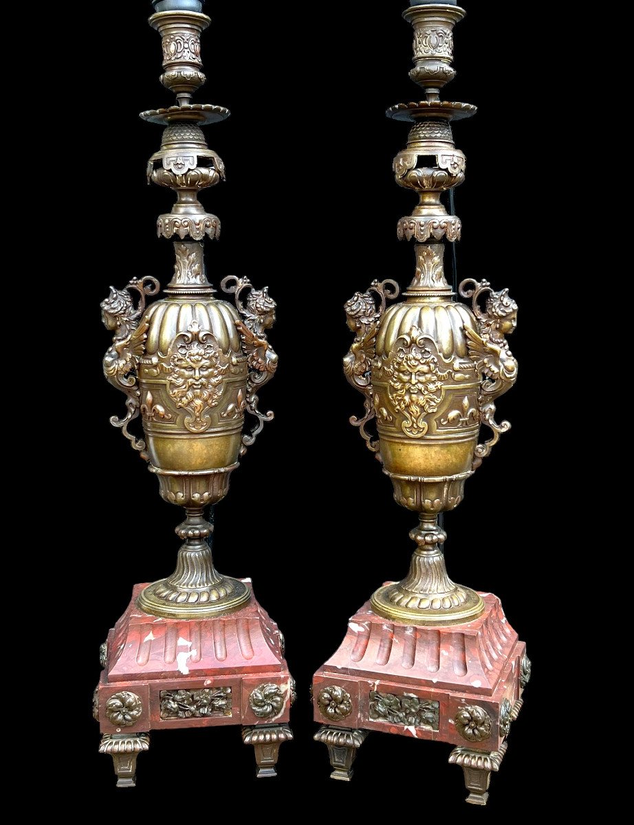 Pair Of Large Barbedienne Quality Patinated Bronze Lamps / Marble Base