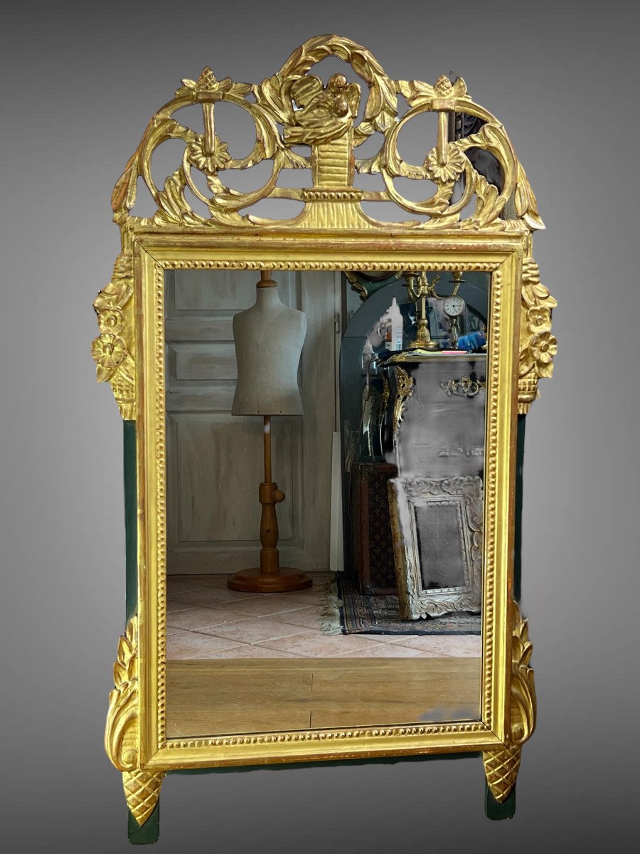 Miroir En Bois Sculpté Doré Avec Fronton Ajouré A Decor De Fleurs Style L.xvi-photo-7