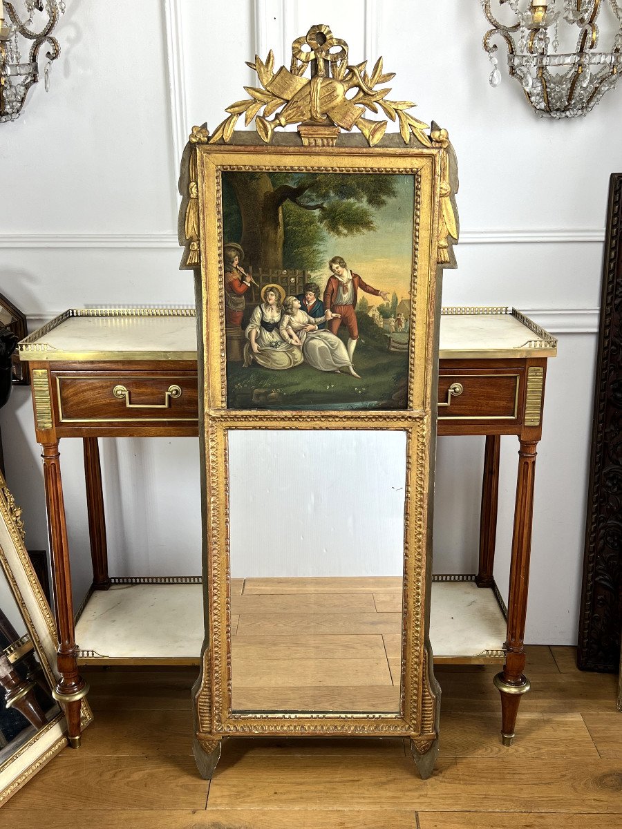 Antique Louis XVI Trumeau In Gilded And Carved Wood With Very Beautiful Painting-photo-2