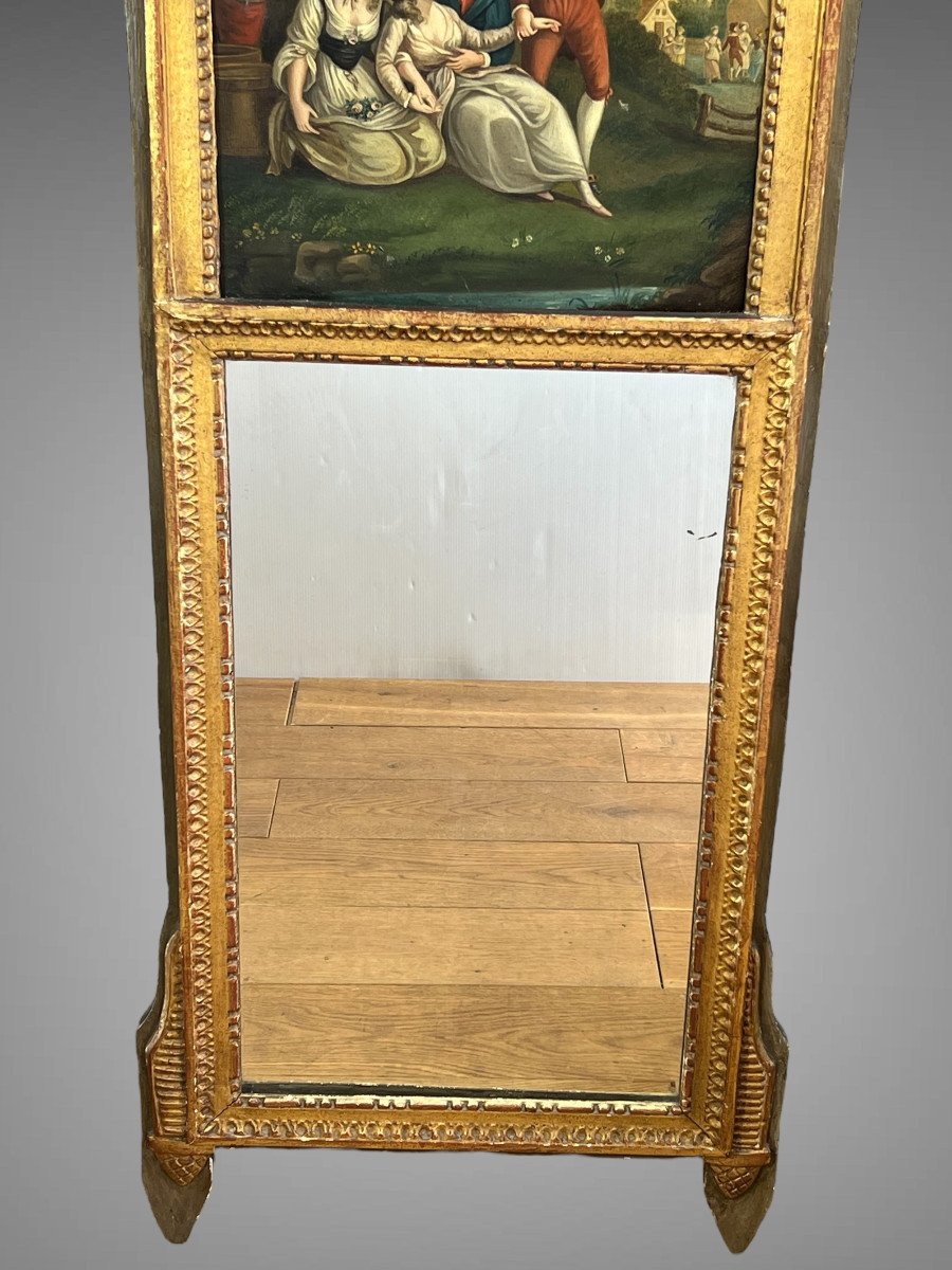 Antique Louis XVI Trumeau In Gilded And Carved Wood With Very Beautiful Painting-photo-4