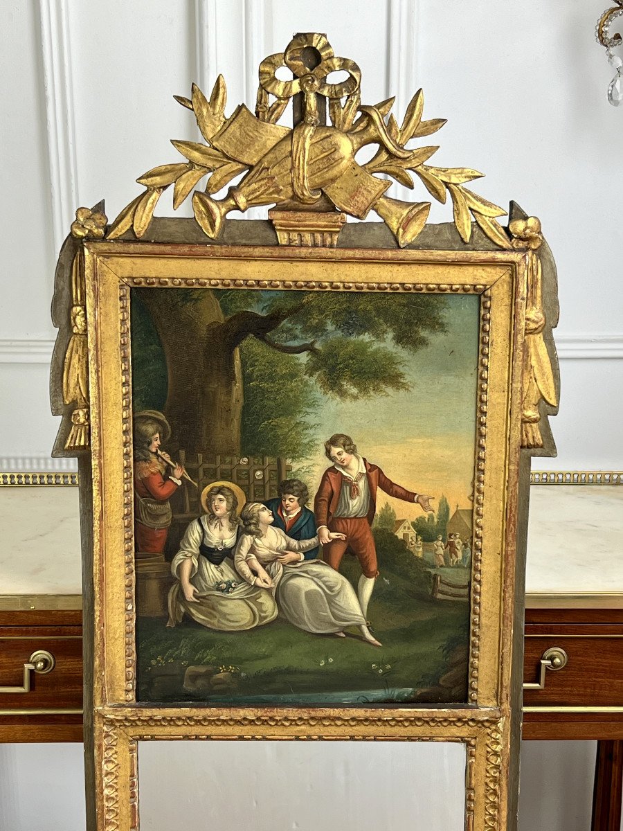 Antique Louis XVI Trumeau In Gilded And Carved Wood With Very Beautiful Painting-photo-1