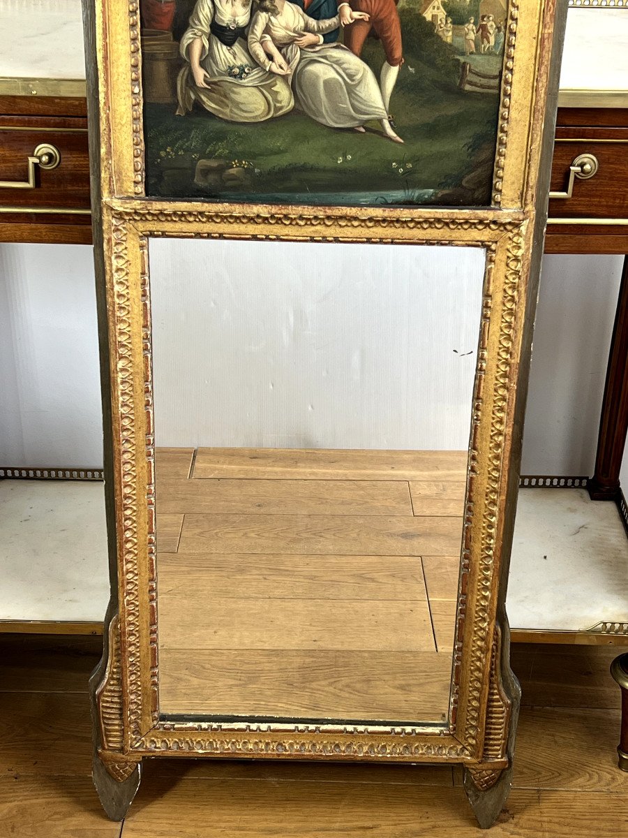 Antique Louis XVI Trumeau In Gilded And Carved Wood With Very Beautiful Painting-photo-2