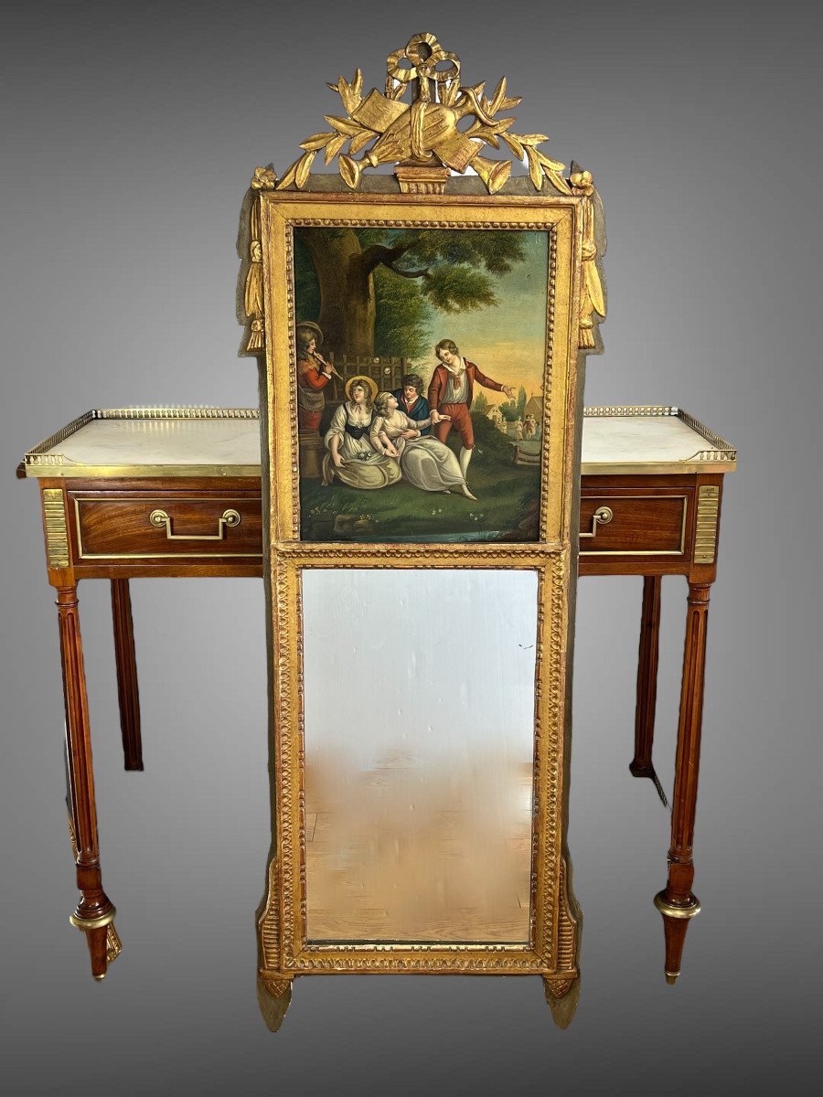 Antique Louis XVI Trumeau In Gilded And Carved Wood With Very Beautiful Painting-photo-7