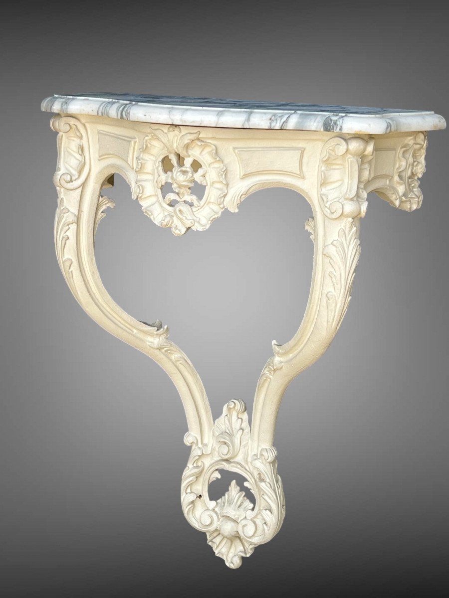 Paire De Consoles XIXe En Bois Sculpté Rechampies Blanc De Style Louis XV-photo-3