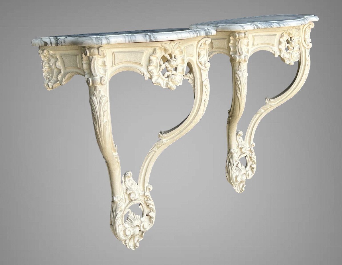 Paire De Consoles XIXe En Bois Sculpté Rechampies Blanc De Style Louis XV-photo-4