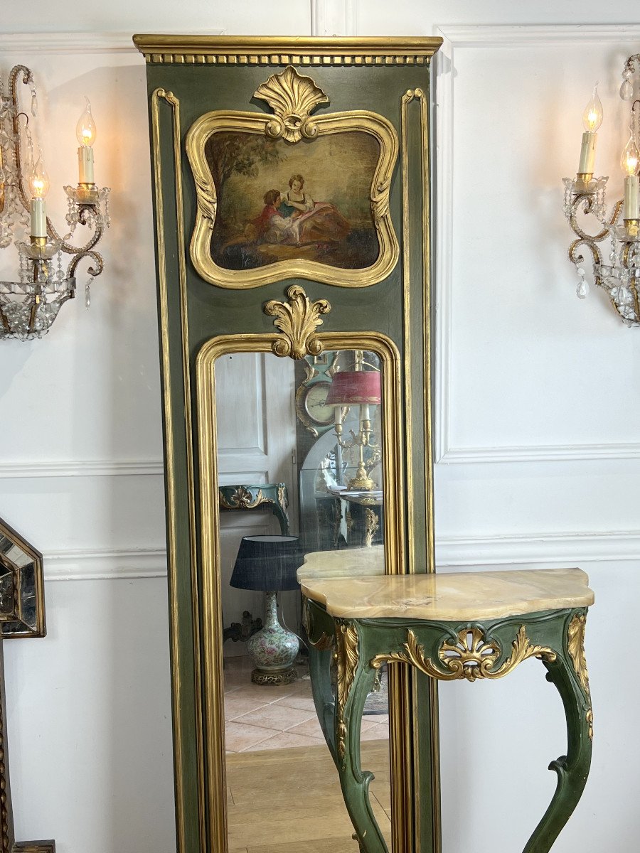 Antique Console And Trumeau In Painted Wood And Its Louis XV Style Onyx Top-photo-3