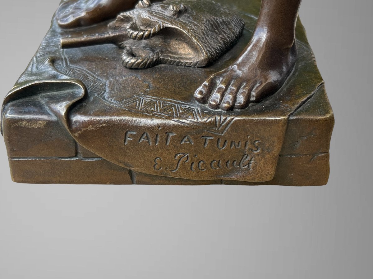 Emile Louis Picault 1833-1915 Bronze A Patine Polychrome " Joueur De Cithare "-photo-2