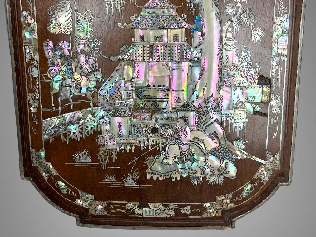 Old Wooden Panel Decorated With Mother-of-pearl Inlays "sinner" Indochina-photo-2